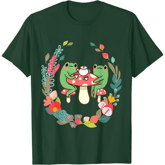 Drinking Tea Mushroom Cute Cottagecore Aesthetic Frog Unisex T-Shirt for Men Women Kids,Forest Green Color,Size YXS