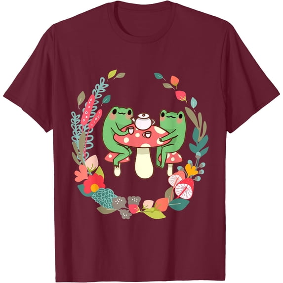 Drinking Tea Mushroom Cute Cottagecore Aesthetic Frog Unisex T-Shirt for Men Women Kids,Maroon Color,Size XL