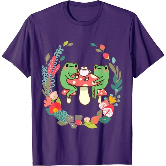 Drinking Tea Mushroom Cute Cottagecore Aesthetic Frog Unisex T-Shirt for Men Women Kids,Purple Color,Size M
