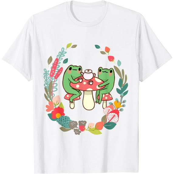 Drinking Tea Mushroom Cute Cottagecore Aesthetic Frog Unisex T-Shirt for Men Women Kids