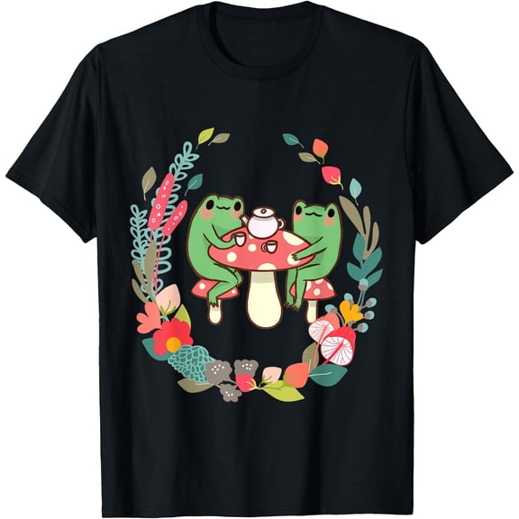 Drinking Tea Mushroom Cute Cottagecore Aesthetic Frog Unisex T-Shirt for Men Women Kids