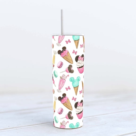 Drinking Tumbler - Fairytale Bow Mouse Pink Snacks Cupcake Ice Cream Cone Macaroon Cake Pop Candy, 20 oz