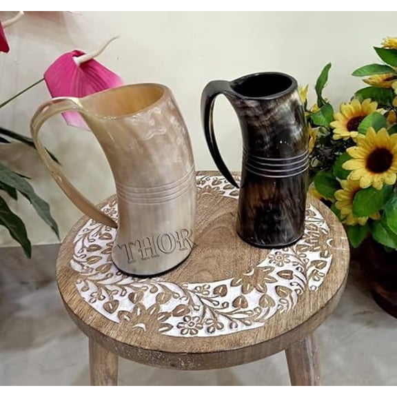 Drinking Viking drinking horn Mug | Mug for Hot & Cold Drinks - Food Grade Medieval Style Man's Beer & Mead Cup Natural Finish Gifts Set Of 2 Rustic Vintage Home Decor Gifts