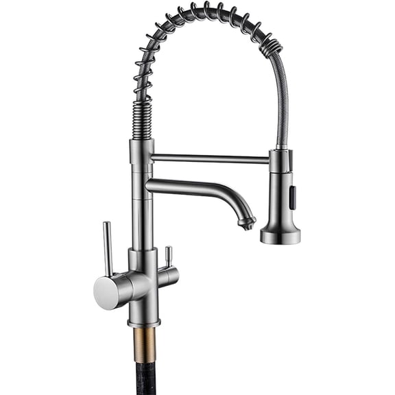 Drinking Water Faucet, Kitchen Faucet with Pull Down Sprayer, Brass Spring Pull-Out Kitchen Sink Faucet, Double Handle Hot and Cold Water Mixer Tap, Brushed Nickel