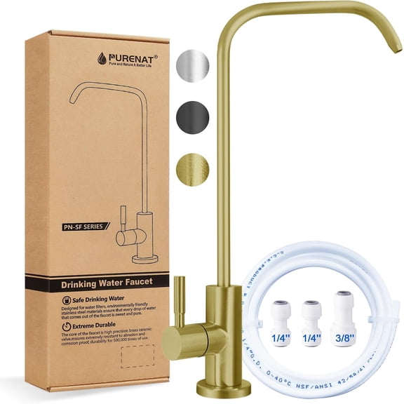 Drinking Water Faucet - Long Thread Stem Filtered Water Tap for Thick Countertop,Lead-Free RO Faucet with Hose and Push Connect Fittings(Matte Gold - "7" Shape)