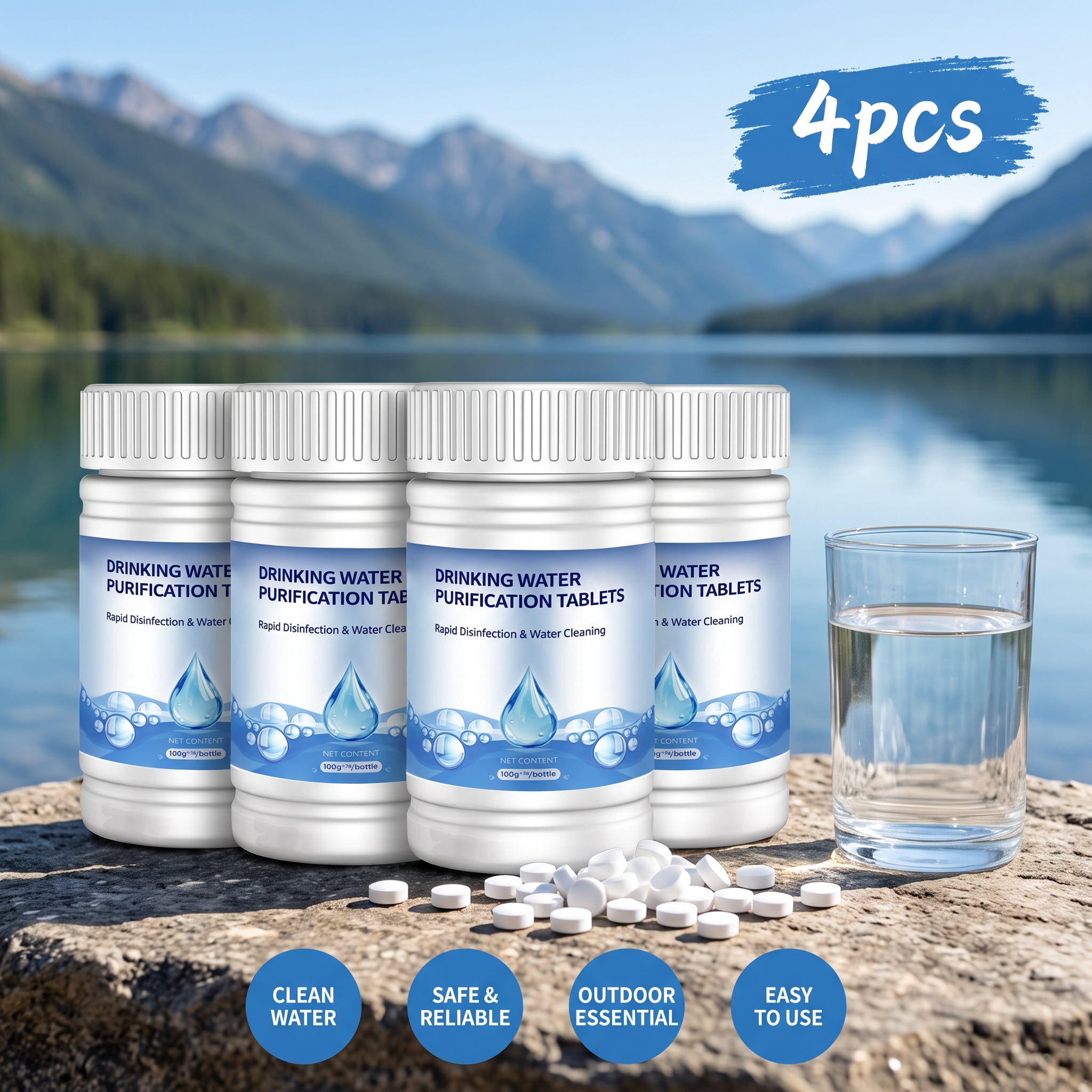 Drinking Water Purification Tablets 4 Bottles Set, Rapid Disinfection ...