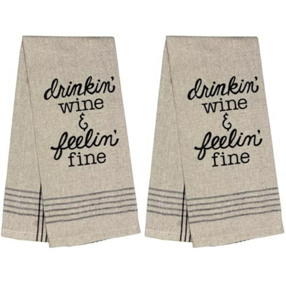 Drinking Wine Feelin' fine. Two Pcs Cotton Beige Flour Sack Kitchen Towels Soft and Highly Absorbent, Multipurpose Kitchen Towels Size: 15 X 25 Inches.