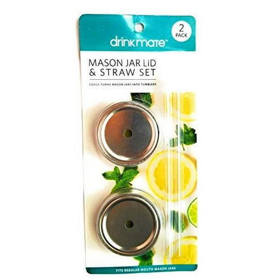 Drinkmate Mason Jar Lid and Straw Set (Pack of 2). Regular Mouth Mason Jars. Jars into tumblers. Straw Holes. Silver lid