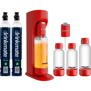 Drinkmate OmniFizz Sparkling Water and Soda Maker, Carbonates Any Drink, PARTY PACK - Includes two 60L CO2 Cylinders, three Carbonation Bottles, and two Fizz Infusers (Royal Red)