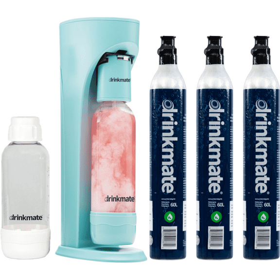 Drinkmate OmniFizz Sparkling Water and Soda Maker, Carbonates Any Drink, ULTIMATE BUNDLE - Includes three 60L CO2 Cylinders, Two Carbonation Bottles, and Fizz Infuser (Arctic Blue)