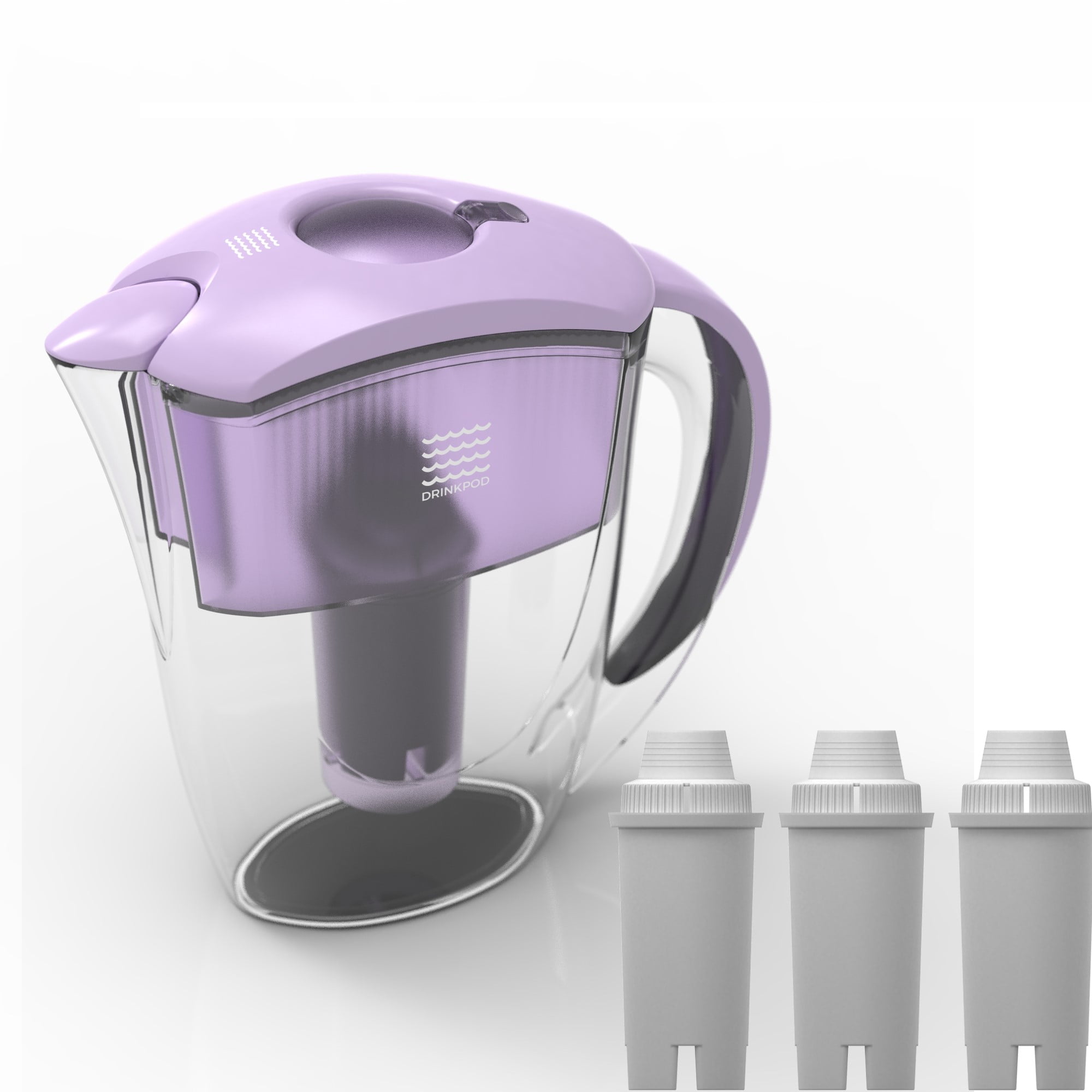 Drinkpod Premium Alkaline Filtered Water Pitcher . Includes 3 Bonus Filters. 2.5L Pure Healthy Water Ionizer, Clean & Toxin-Free Mineralized Alkaline Water In Minutes, Lavender