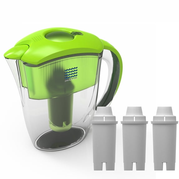 Drinkpod Premium Alkaline Filtered Water Pitcher . Includes 3 Bonus Filters. 2.5L Pure Healthy Water Ionizer, Clean & Toxin-Free Mineralized Alkaline Water In Minutes, Lime Green