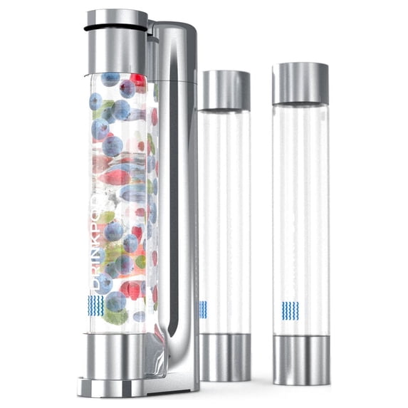 Drinkpod Soda Maker, Fizzy Sparkling Water & Fizzpod Soda Maker with Three 1L Bottles, 3 Caps, 1 Fizz Infuser & Manual, Model DPFZPOD1K-SLVR-CRM - Color Silver Chrome