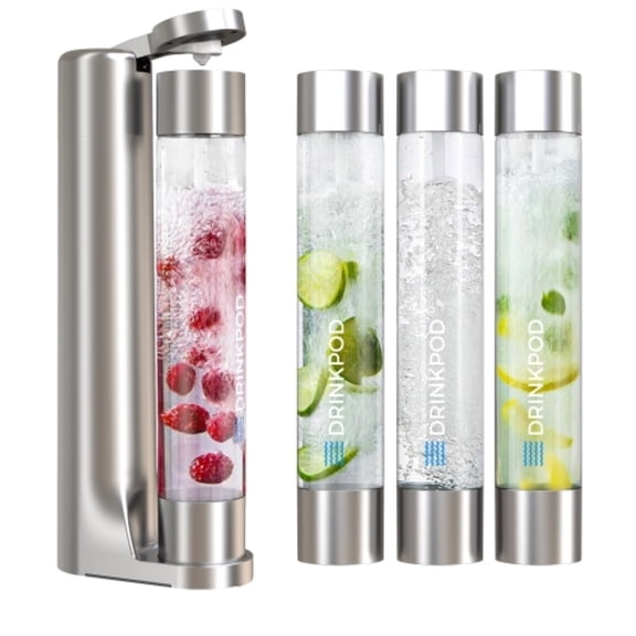 Drinkpod Soda Maker, Fizzy Sparkling Water & Fizzpod Soda Maker with Three 1L Bottles, 3 Caps, 1 Fizz Infuser & Manual - Silver