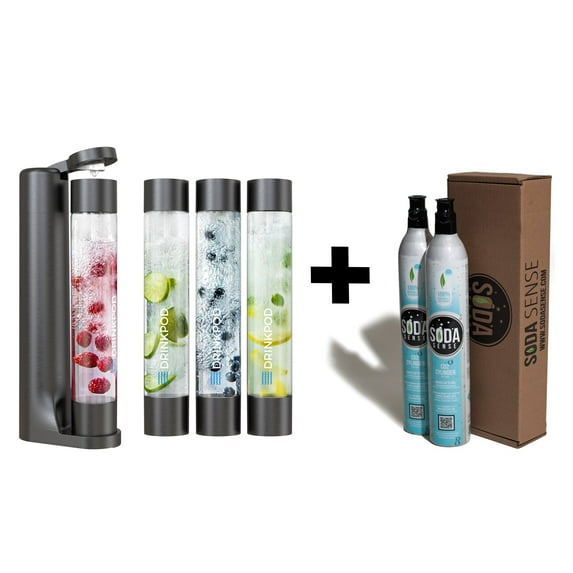 Drinkpod Ultimate Fizzpod Home Soda Maker With 2 CO2 Cylinders, 1 Fizzpod Carbonator, 3 Tall Bottles 1L Each, 3 Caps, 1 Carbonator Cap and manual.. Color Black