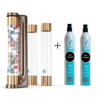 Drinkpod Ultimate Fizzpod Home Soda Maker With 2 CO2 Cylinders, 1 Fizzpod Carbonator, 3 Tall Bottles 1L Each, 3 Caps, 1 Carbonator Cap and manual. Color Cognac