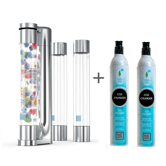 Drinkpod Ultimate Fizzpod Home Soda Maker With 2 CO2 Cylinders, 1 Fizzpod Carbonator, 3 Tall Bottles 1L Each, 3 Caps, 1 Carbonator Cap and manual. Color Polished Chrome