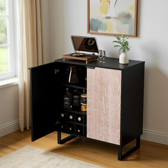 Drinks Cabinet Wooden Wine Cabinet for 14 Bottles Bar Cabinet with Glass Holders Freestanding Wine Rack Sideboard Bar Table Buffet for Living Dining Room Black Brown