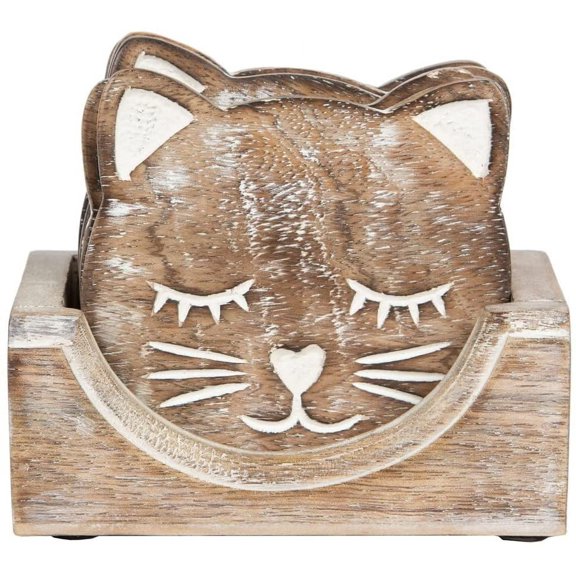 Drinks Coasters - Wooden Cat Coasters - Set of 6 in Storage Box (SC099) by Ginger Interiors