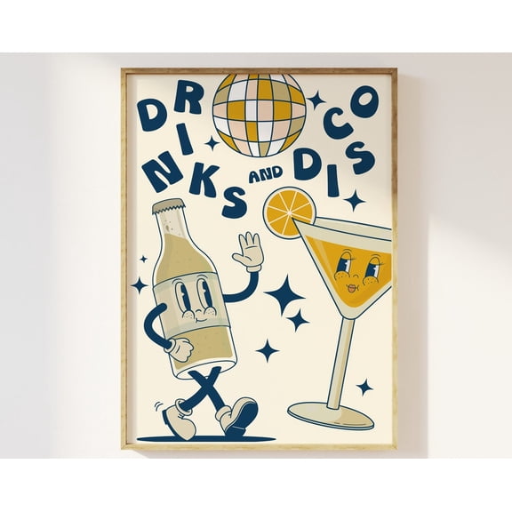 Drinks And Disco Retro Character Disco Ball And Cocktail Print - Retro Cartoon Mascot Character Kitchen Poster, Funky 90S Cool Trendy Bar Wall Art, Modern Wall Decor, 8x12 UNFRAMED