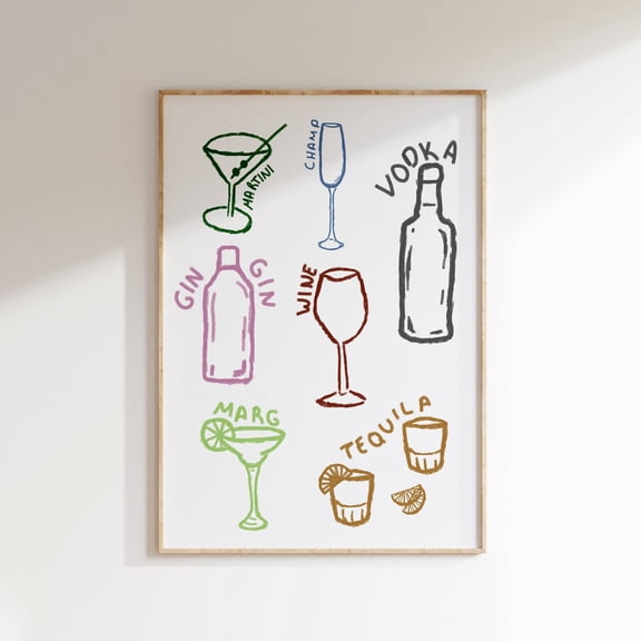 Drinks Hand Drawn Bar Cart Print, Retro Coctail Art, Kitchen Decor, Wall Art, Modern Wall Decor, 8x12 UNFRAMED