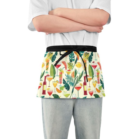 Drinks Leaf Wineglass Server Apron with 3 Pockets Waterproof Waitress Waist Short Apron for Man Woman 12 Inches