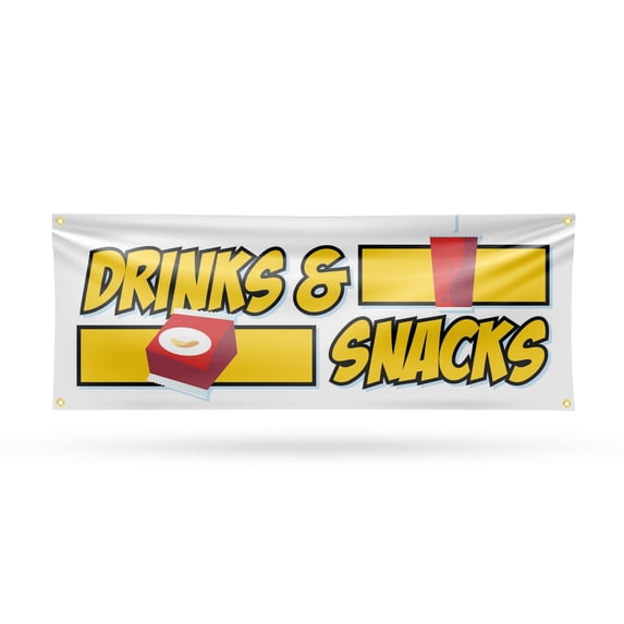 Drinks and Snacks Banner Sign 18 Inch x 48 Inch | 13 oz Vinyl with Metal Grommets | Heavy-Duty Single-Sided Outdoor Durable Printed High-Quality Weatherproof | Made in the USA