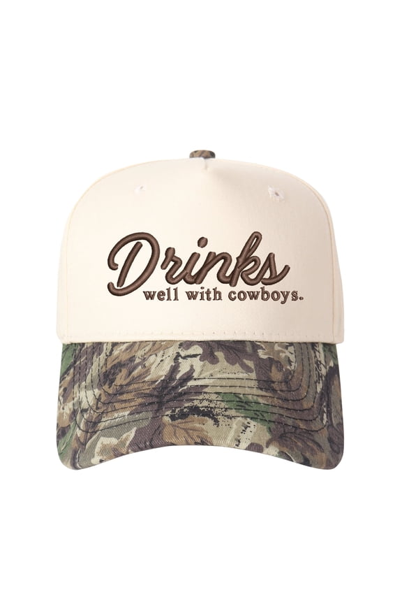 Drinks Well with Cowboys Embroidered Patchwork Trucker Cap | Adjustable Unisex Snapback, Saloon Essential