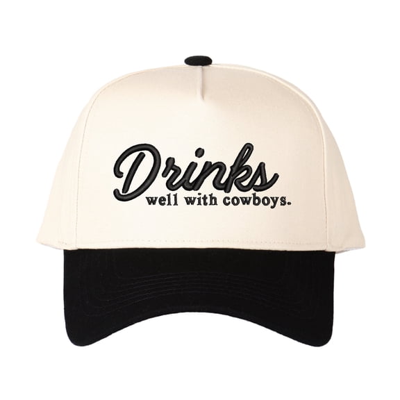 Drinks Well with Cowboys Embroidered Patchwork Trucker Cap | Adjustable Unisex Snapback, Saloon Essential