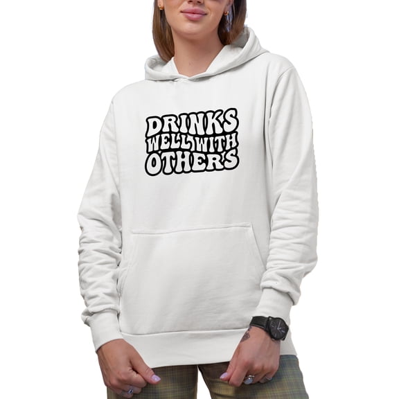 Drinks Well with Others, Drinking Themed Quote, Groovy Retro Wavy Text Merch Gift, White Hooded Sweatshirt or Hoodie, Medium
