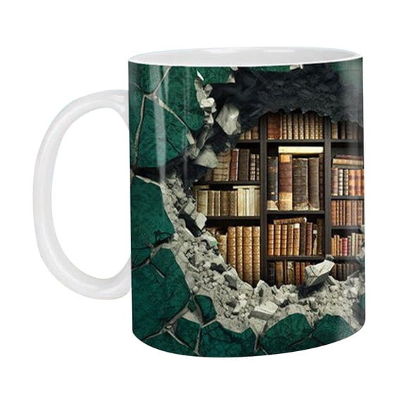 Drinkware 11oz White Ceramic 3D Bookshelf Mug Travel Mug, Thick Heat Resistant Kitchen Gadget, Beverage Container for Home Office Daily Coffee Tea Holiday Gift
