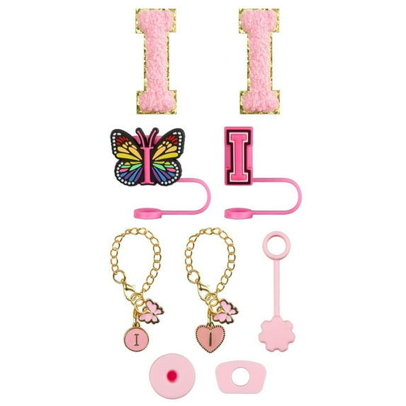 Drinkware Accessory Set - Embroidery Patch Straw Covers Charm Necklace Chain & Leak Guard Accessories For Complete Decorative Upgrade