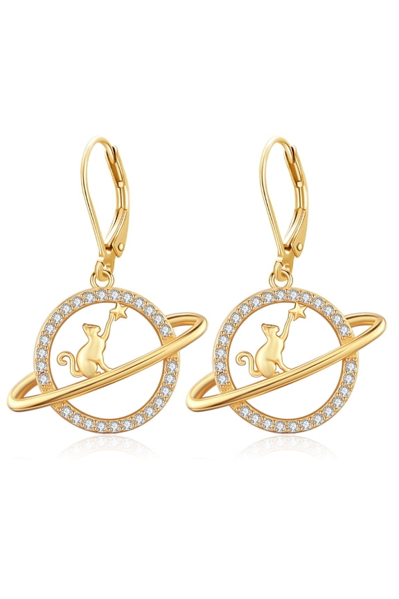 18K Gold-Plated Cat Earrings for Women, 925 Sterling Sliver Space Earrings Cute Cat Star Hypoallergenic Dangle Leverback Earrings Christmas Birthdays Gifts