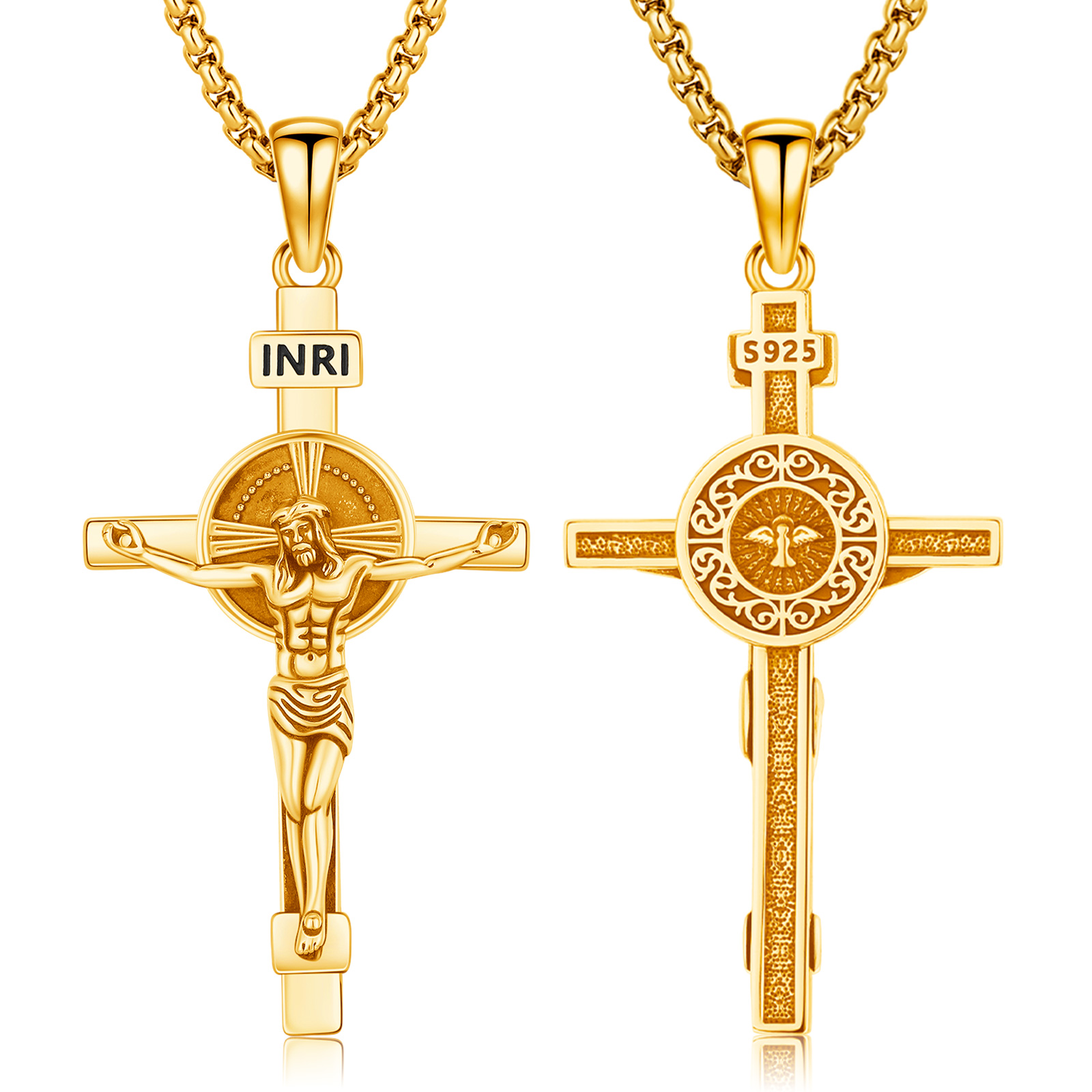 Drinsper 18K Gold Plated Crucifix Cross Necklace for Men Women, 925 Sterling Silver Catholic Jesus Cross Christian Jewelry Protection Amulet Pendant Necklace