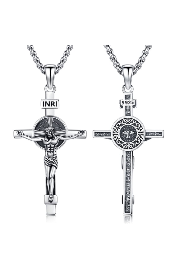 Crucifix Cross Necklace for Men Women, 925 Sterling Silver Catholic Jesus Cross Christian Jewelry Protection Amulet Pendant Necklace