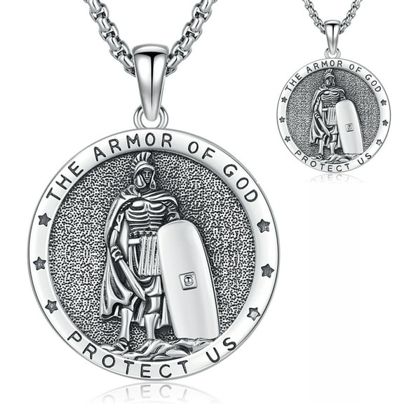 Drinsper Put On the Whole Armor of God Necklace for Men Women, 925 Sterling Silver Knight Armor Medals Christian Necklace Pendant Protection Jewelry Gifts
