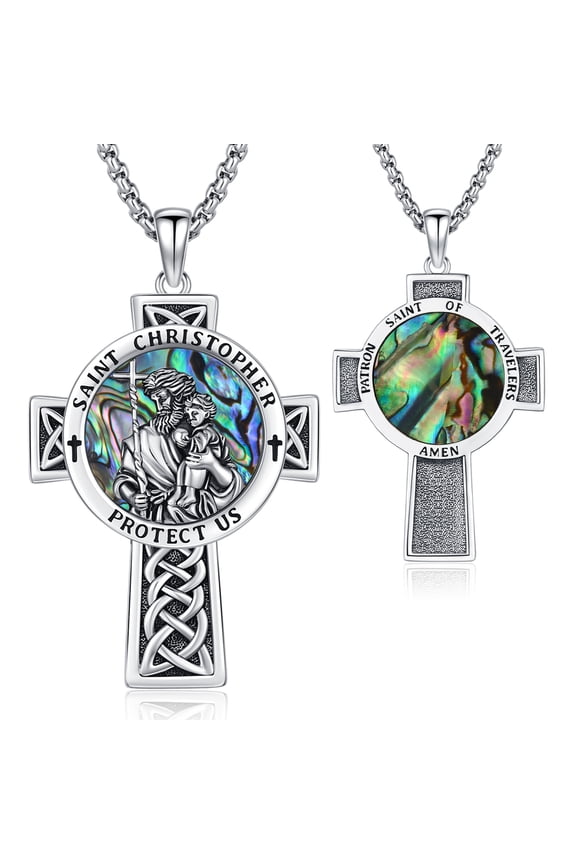 St Christopher Necklace Mens, 925 Sterling Silver Saint Christopher Abalone Cross Necklace for Men Women Medal Religious Amulet Birthday Christmas Jewelry Gift