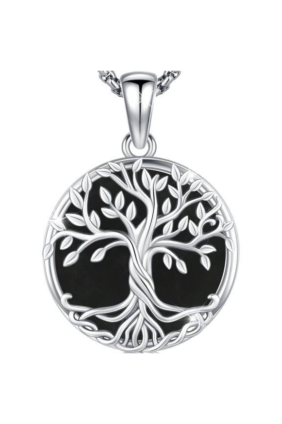 Tree of Life Necklace for Men Women, 925 Sterling Silver with Black Agate Celtic Knot Tree Pendant Family Tree of life Jewelry Tree Jewelry Holiday Graduation Gift Fathers Day