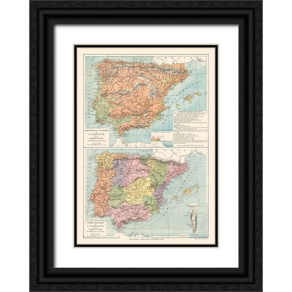 Drioux 11x14 Black Ornate Wood Framed with Double Matting Museum Art Print Titled - Spain Portugal - Drioux 1882