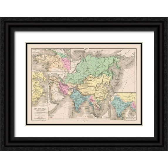 Drioux 14x11 Black Ornate Wood Framed with Double Matting Museum Art Print Titled - Political of Asia - Drioux 1882
