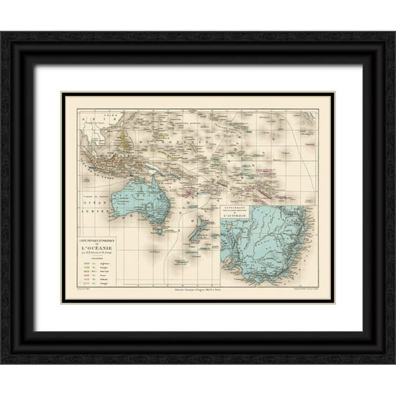 Drioux 14x12 Black Ornate Wood Framed with Double Matting Museum Art Print Titled - Oceania Physical Political - Drioux 1882