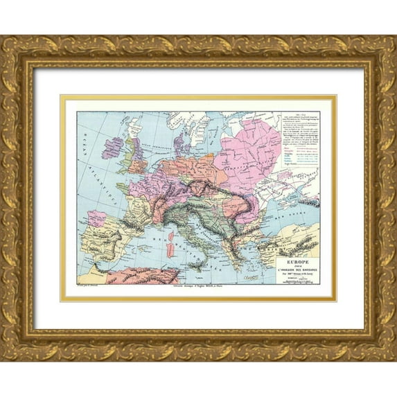 Drioux 18x14 Gold Ornate Wood Framed with Double Matting Museum Art Print Titled - Barbarian Invasion Europe - Drioux 1882