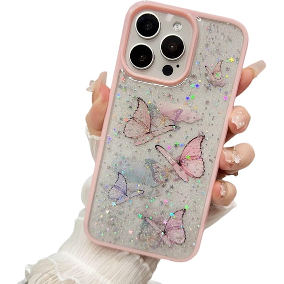 Drip Butterfly Glitter Laser Phone Case with or without Laser Paper, Drop and Wear Resistant for iPhone 15 14 13 12 11 Ultra Plus XS X XR Max mini 7 8 Phone Case (Pink 1,iphone 15)
