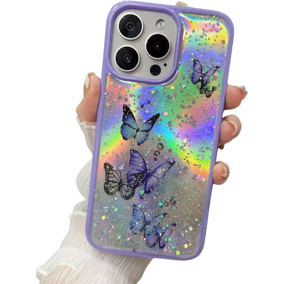Drip Butterfly Glitter Laser Phone Case with or without Laser Paper, Drop and Wear Resistant for iPhone 15 14 13 12 11 Ultra Plus XS X XR Max mini 7 8 Phone Case (Purple 2,iphone 15)