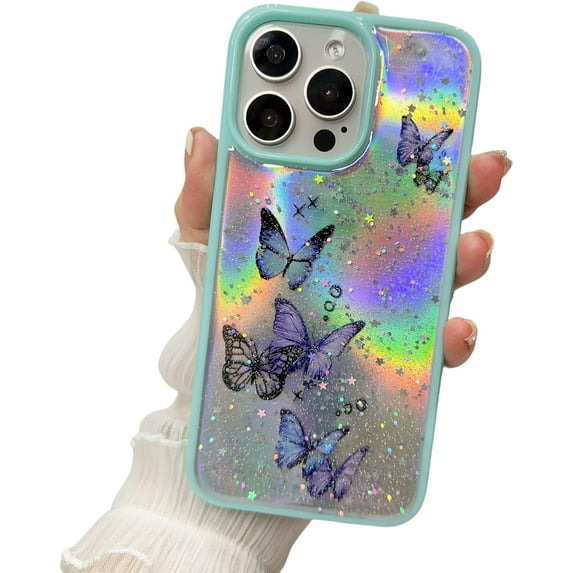 Drip Butterfly Glitter Laser Phone Case with or without Laser Paper, Drop and Wear Resistant for iPhone 15 14 13 12 11 Ultra Plus XS X XR Max mini 7 8 Phone Case (Green 2,iphone 12 Pro)