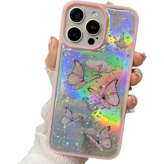 Drip Butterfly Glitter Laser Phone Case with or without Laser Paper, Drop and Wear Resistant for iPhone 15 14 13 12 11 Ultra Plus XS X XR Max mini 7 8 Phone Case (Pink 2,iphone 15 Pro Max)
