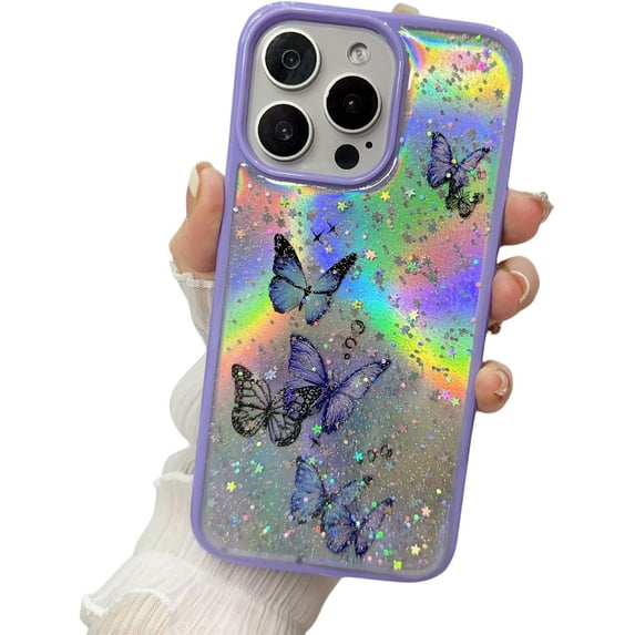 Drip Butterfly Glitter Laser Phone Case with or without Laser Paper, Drop and Wear Resistant for iPhone 15 14 13 12 11 Ultra Plus XS X XR Max mini 7 8 Phone Case (Purple 2,iphone 14)