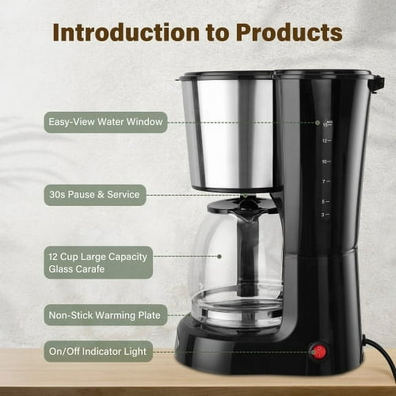 Drip Coffee Maker 12 Cup, Anti-Drip Coffee Machine with Auto Keep Warm Function, Small Coffee Makers Black Stainless Steel