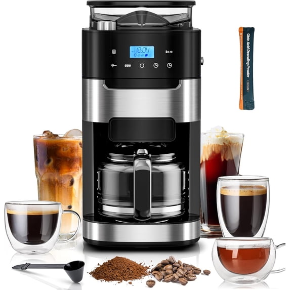 Drip Coffee Maker with Built-in Grinder, 10-Cup Grind and Brew Machine Timer, Descaling Alert, Programmable Strength, 1.5L Water Tank, 2H Keep Warm for Home/Office