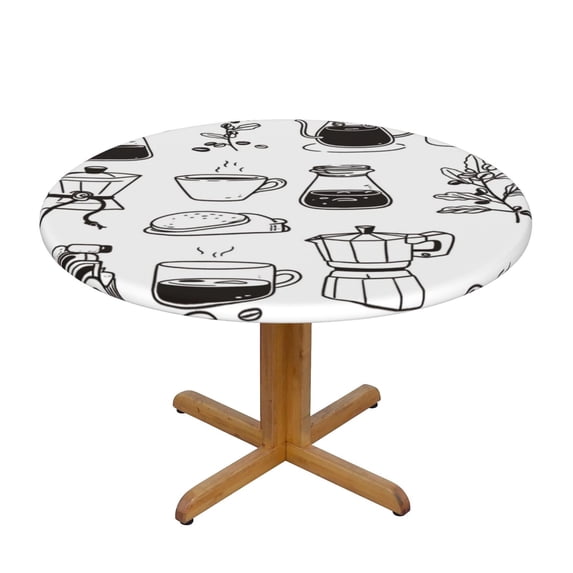 Drip Coffee Maker Pattern Round Fitted Tablecloths Table Covers Wipeable Waterproof Elastic for Kitchen Dinning Parties Wedding Picnic Small Fits 40-44 Inch Table Size